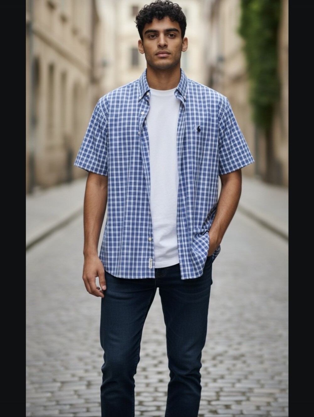 Ralph Lauren Short-Sleeve Blue Plaid Button-Up Shirt